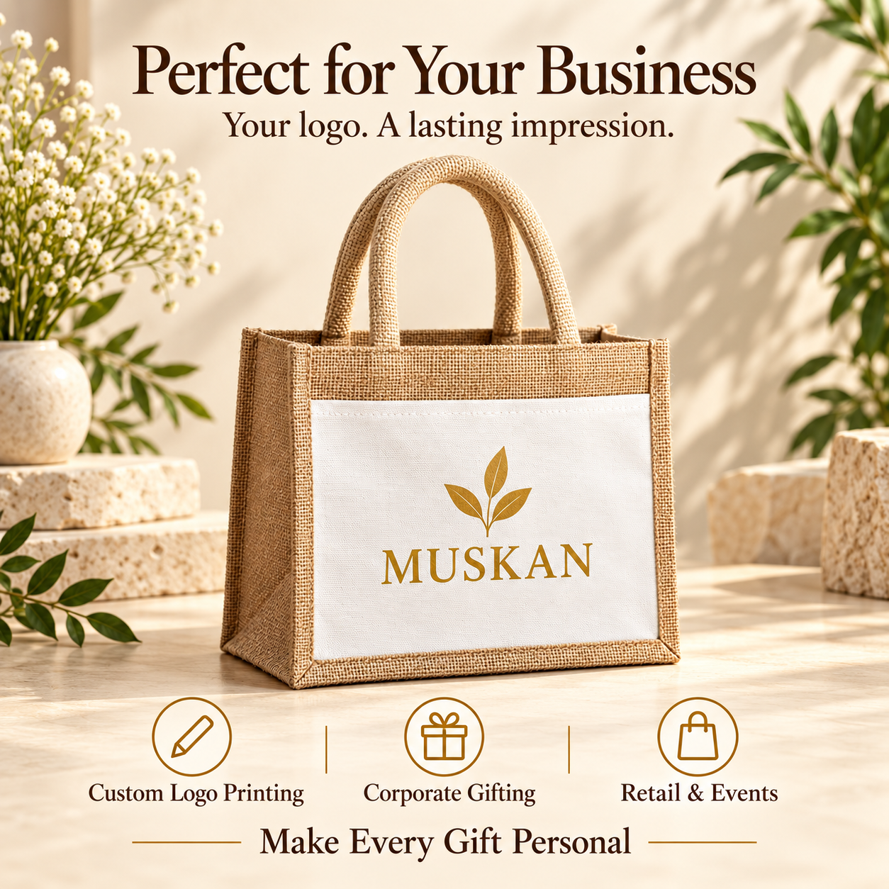 10x8.5x5.5 Natural Small Jute & Canvas Hamper Bag with Canvas Front Pocket