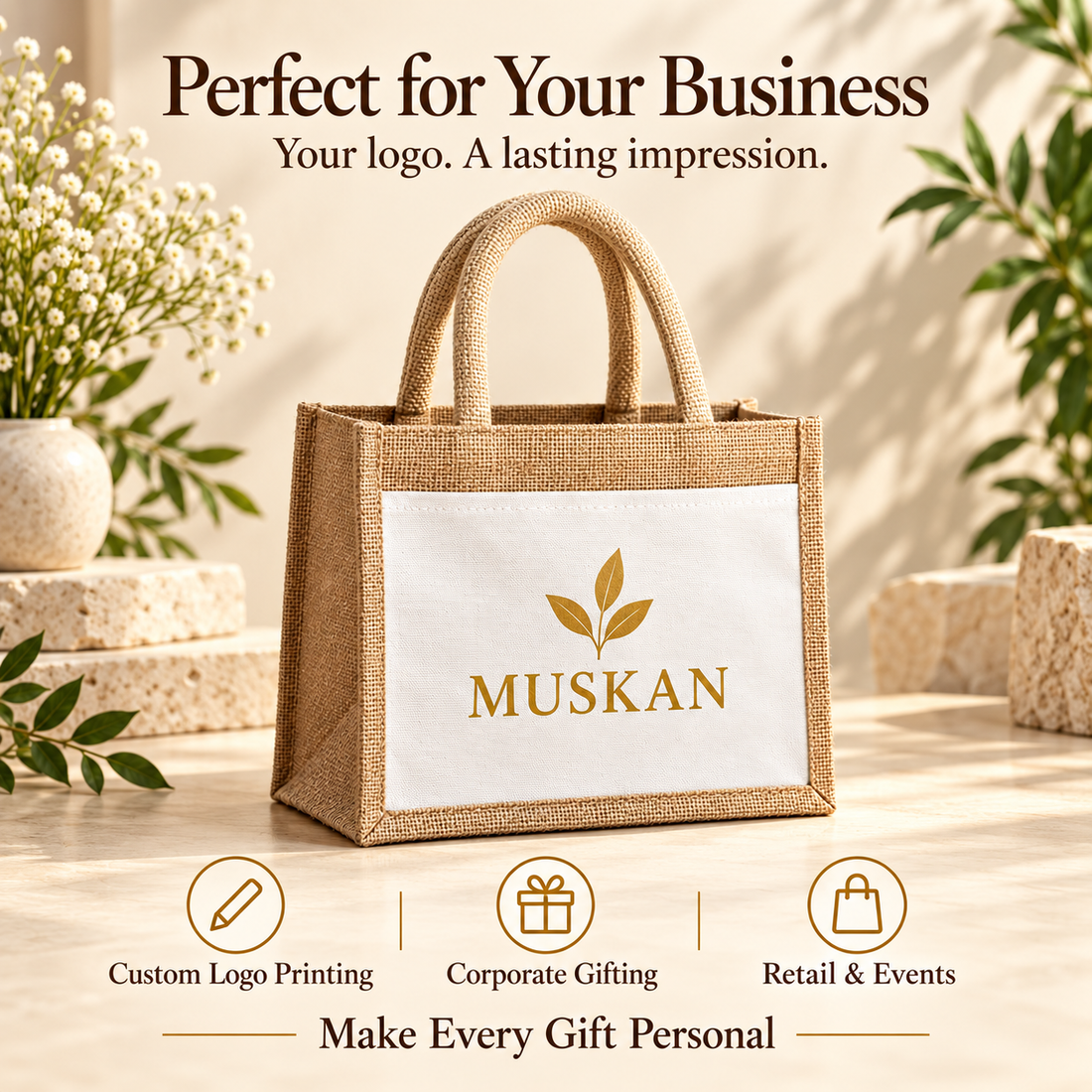 10x8.5x5.5 Natural Small Jute & Canvas Hamper Bag with Canvas Front Pocket