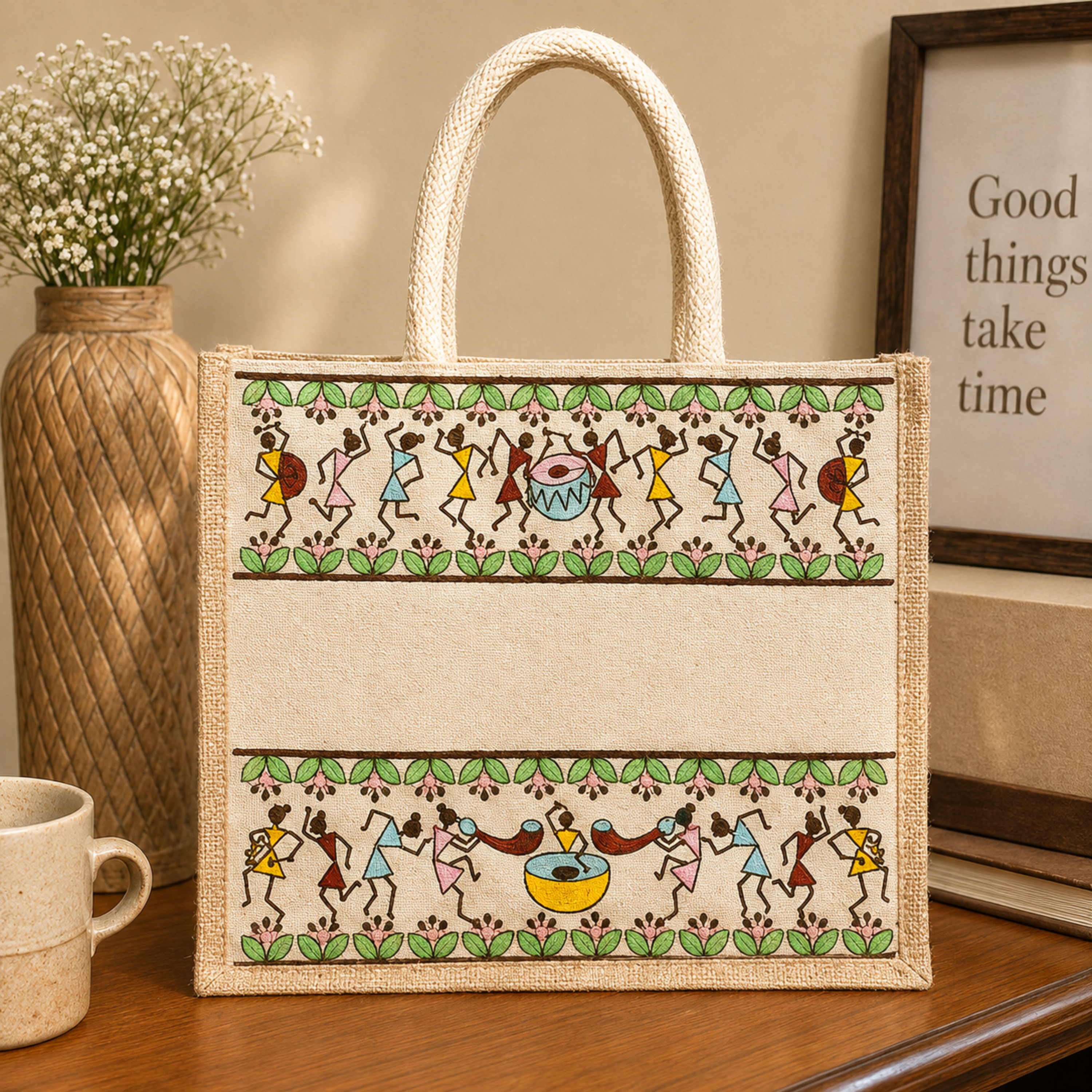 Plain Tribal Beats Warli Hamper Bag - Beige