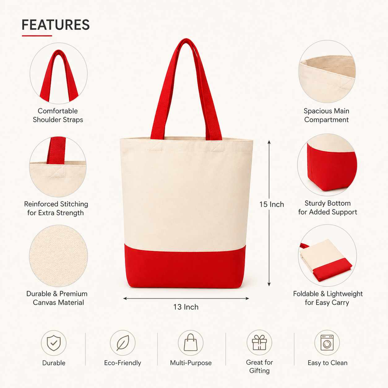 13"x15" Red & Beige Tote Bag | 330 GSM