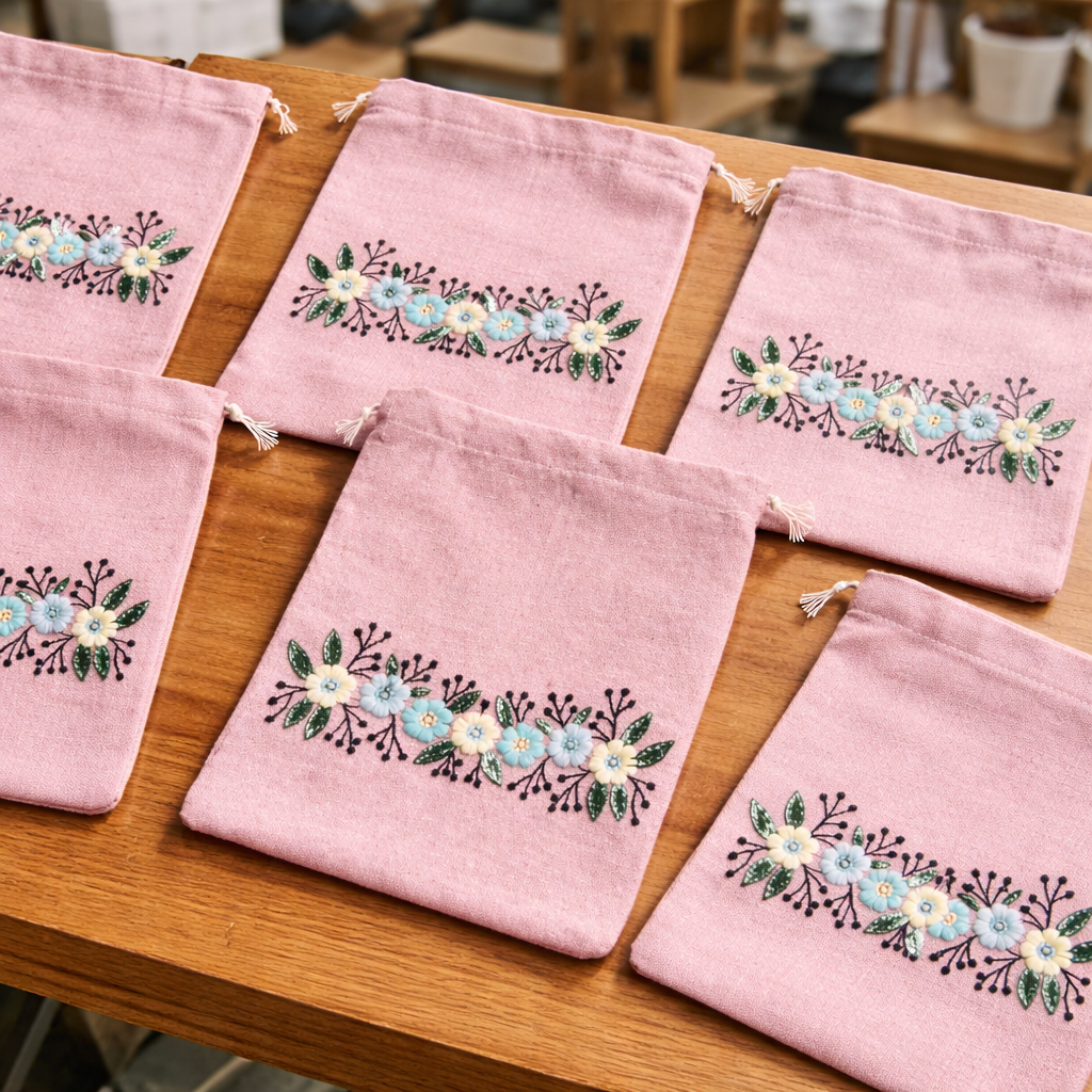 Floral Pink Embroidered Drawstring Bag