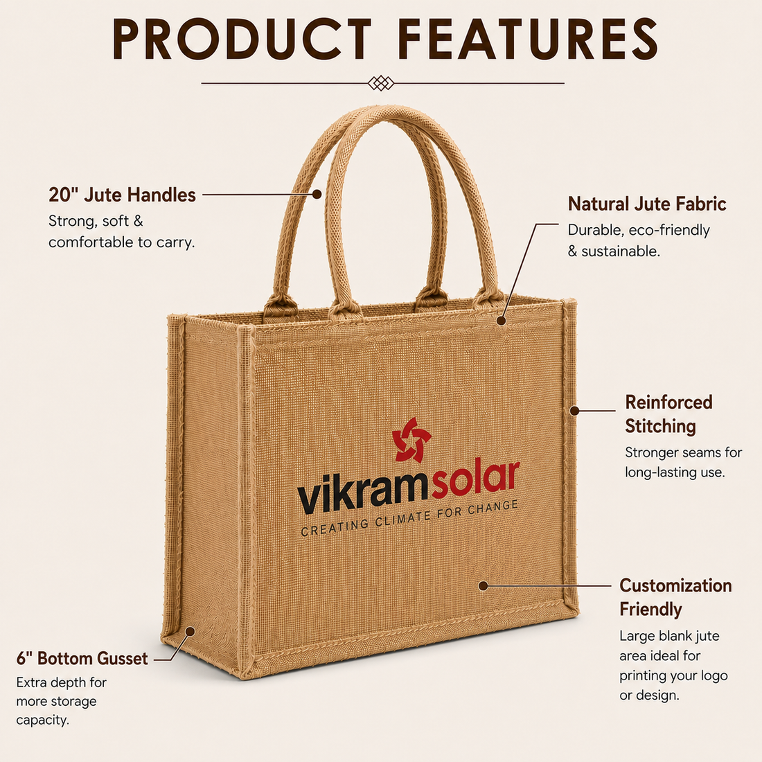 Custom 16×14×6 Natural Jute Tote Bag | 350 GSM