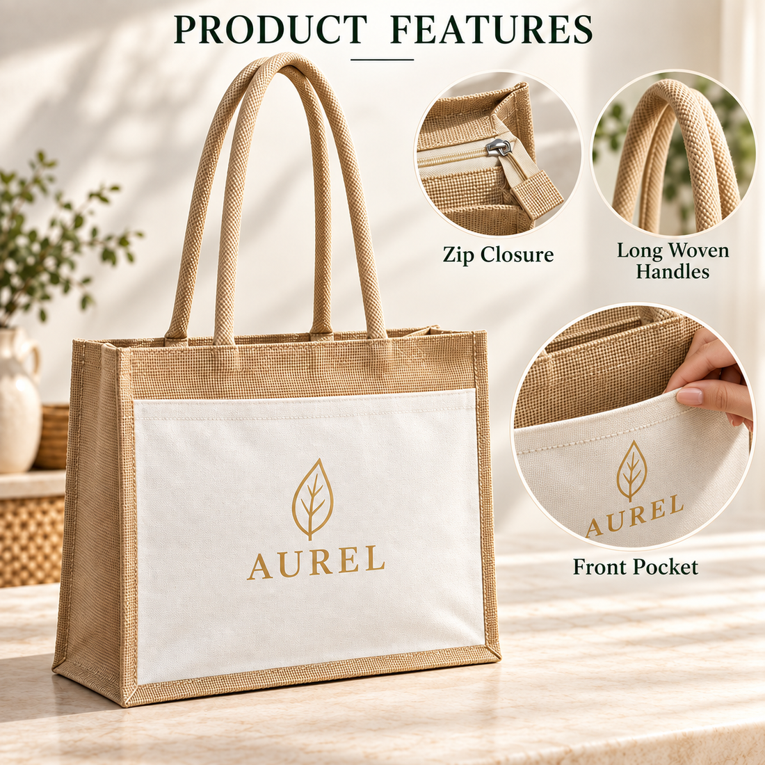 17x13x6 Natural Jute & Canvas Zipper Shopping Bag with Canvas Front Pocket