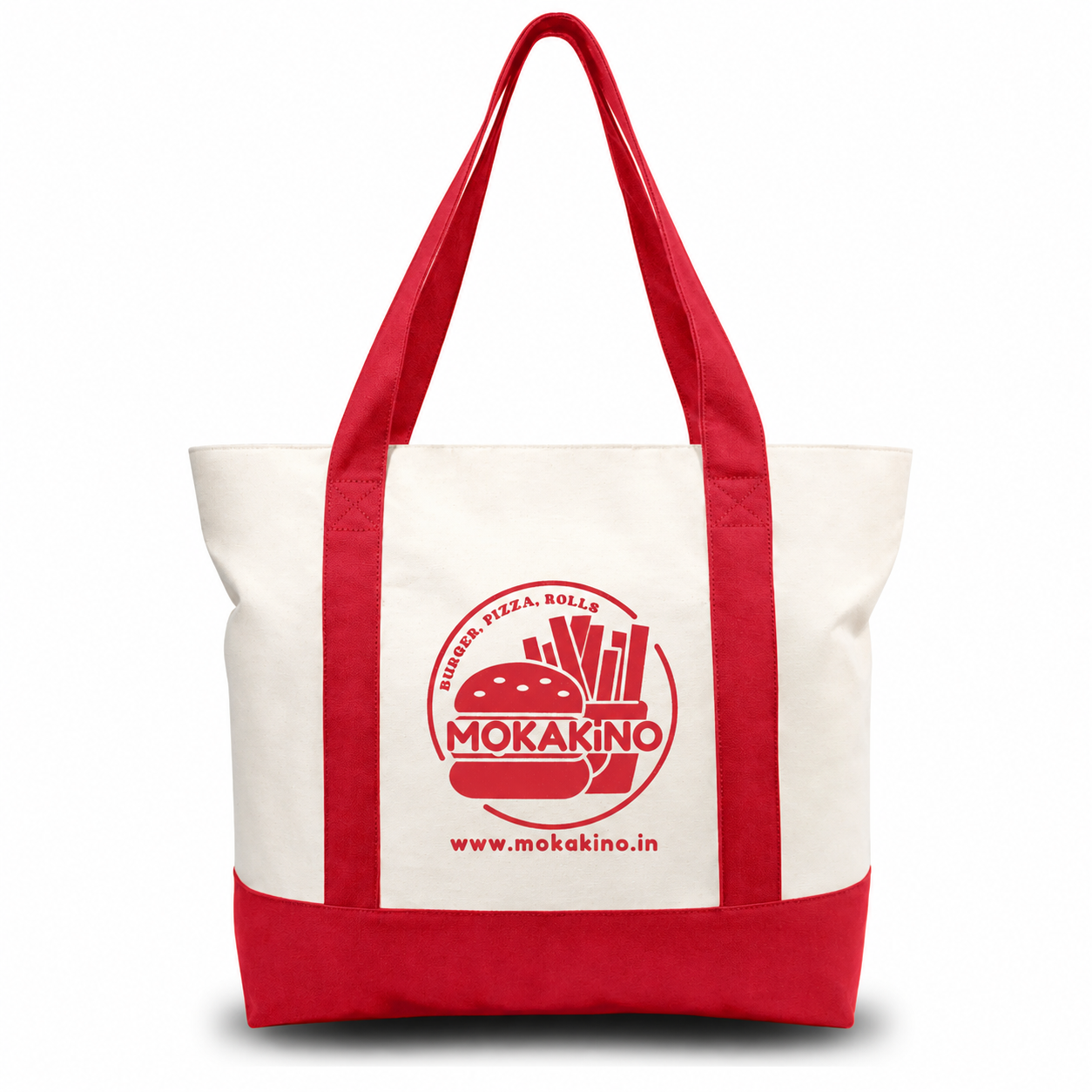 Red and Beige Large Canvas Tote Bag | 19" x 15" x 6"