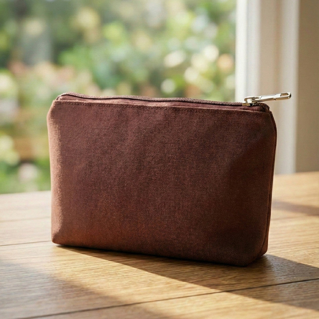 Brown leather pouch on a wooden surface with a blurred green outdoor background
