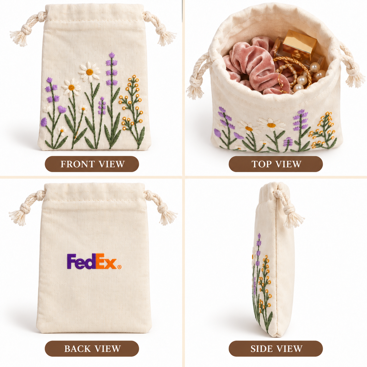 Lavender Meadow Embroidered Cotton Drawstring Pouch