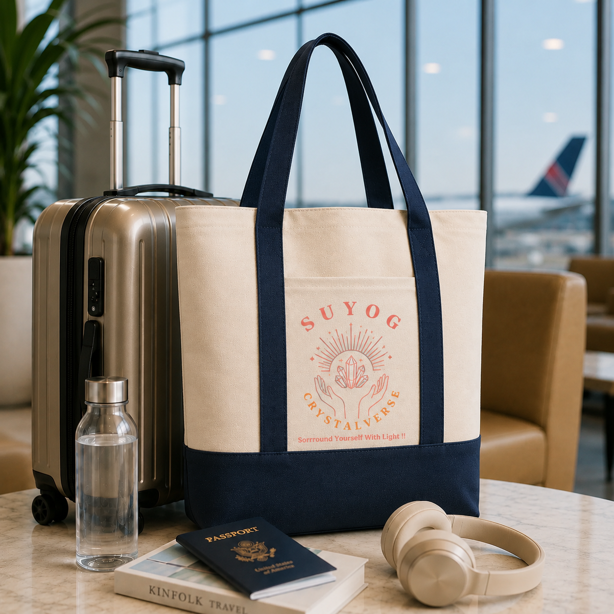 Navy Blue and Beige Large Canvas Tote Bag | 19" x 15" x 6"