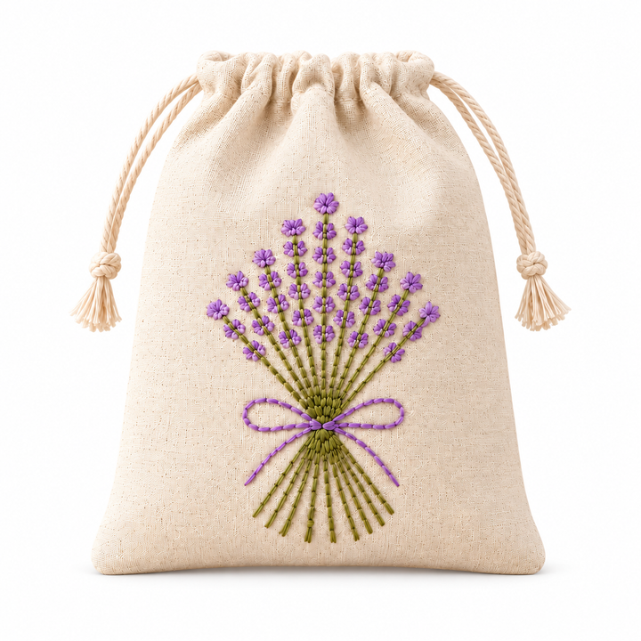 Lavender Posy Embroidered Drawstring Bag