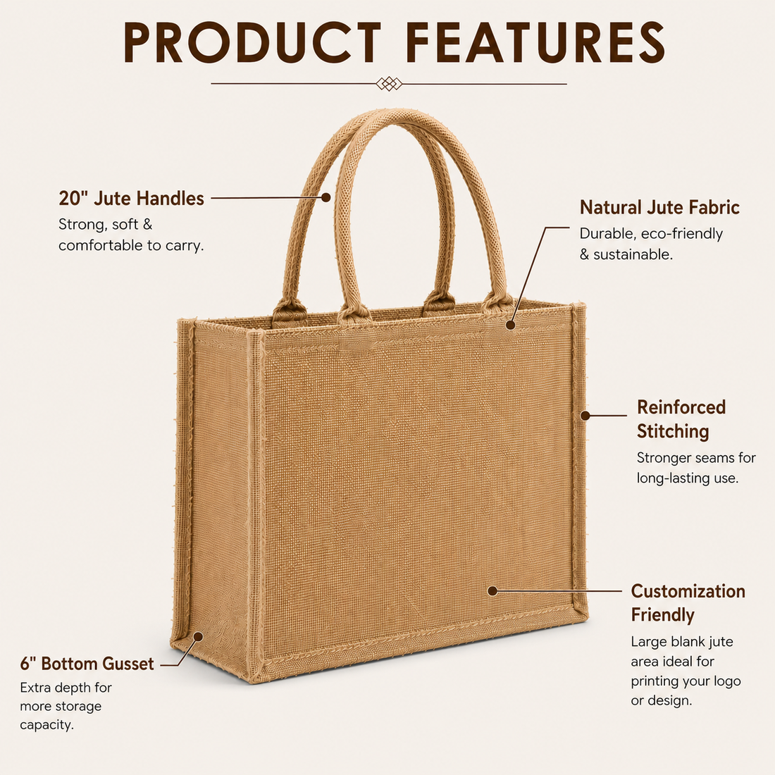 15×13×6 Natural Jute Tote Bag | 350 GSM