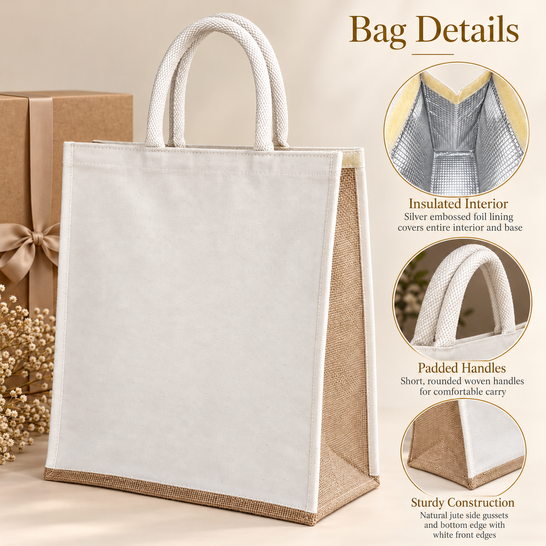Plain 14.5x16x6.5 Natural Large Insulated Canvas Cooler Bag | 310 GSM
