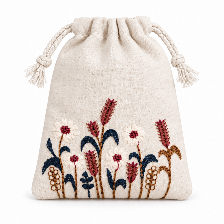 Rustic Harvest Embroidered Cotton Drawstring Pouch