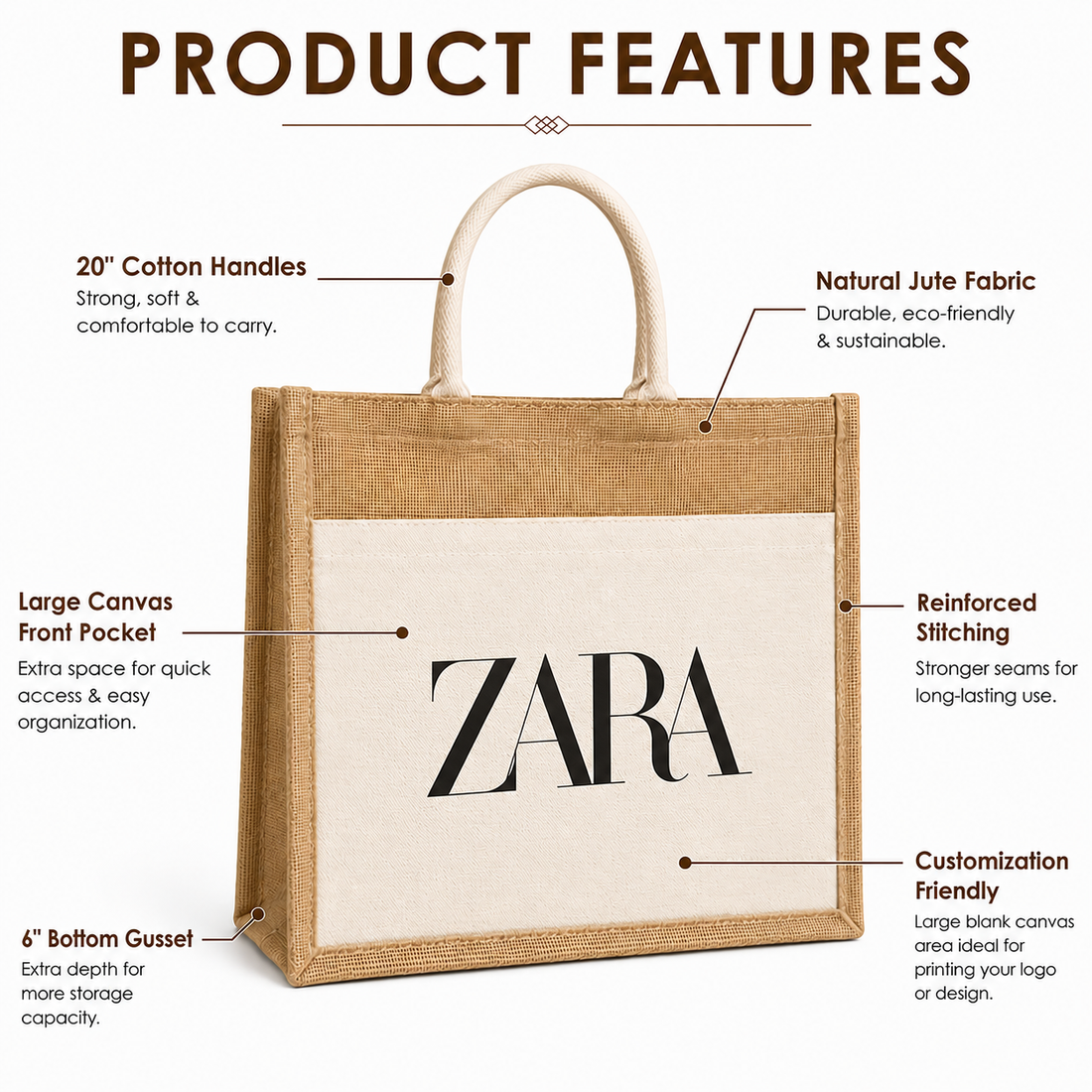 Custom 16X14X6 Jute Tote Bags with Canvas Front Pocket | 350 GSM