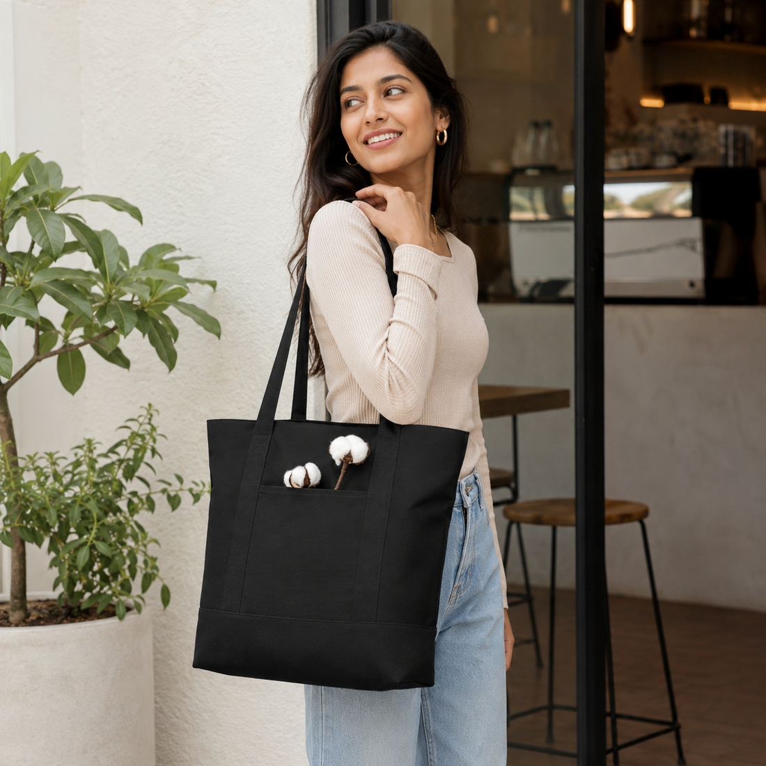 Plain Black Large Canvas Tote Bag | 19" x 15" x 6"
