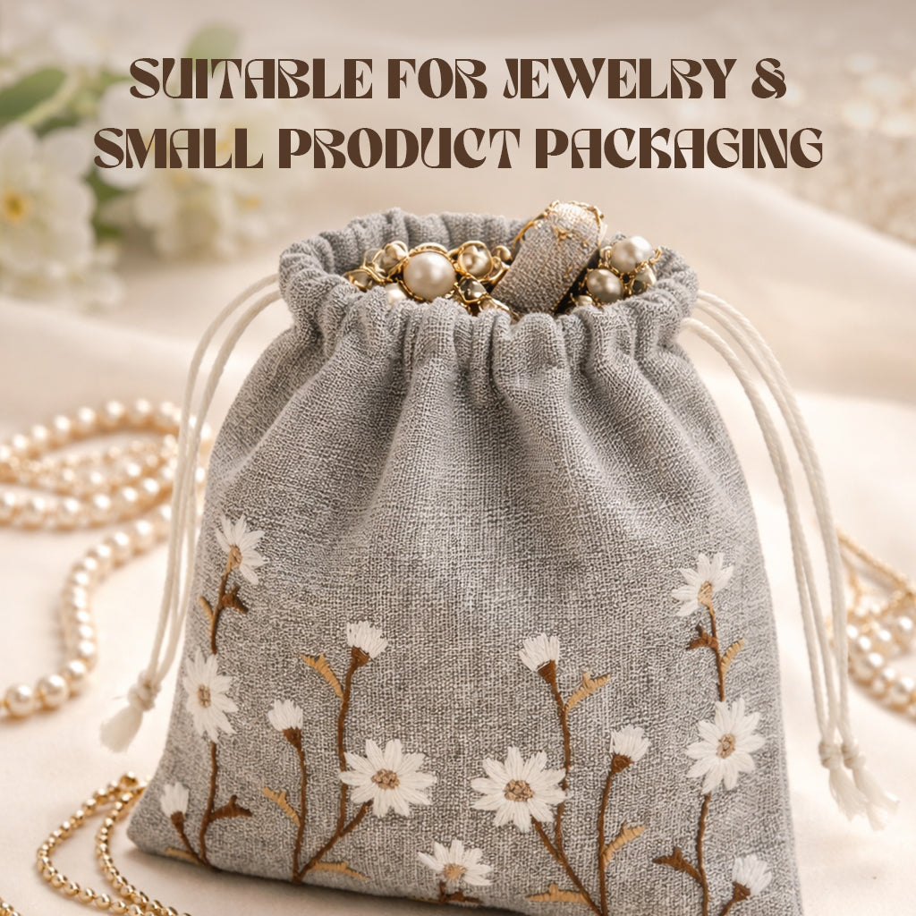 Floral Brown Embroidered Drawstring Bag