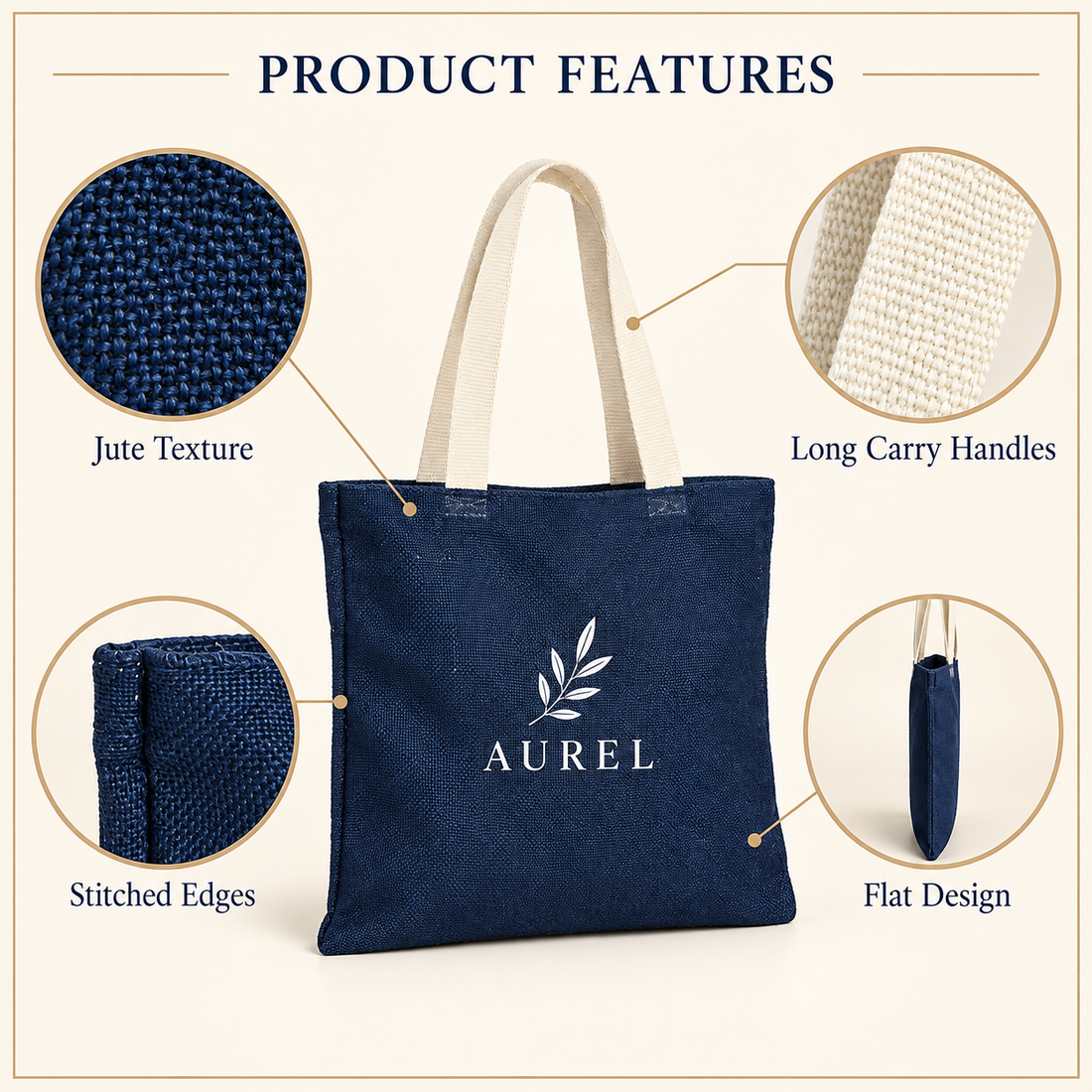 14.5x16.5 Navy Blue Jute Tote Bag