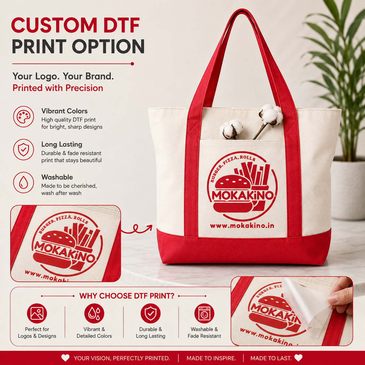 Red and Beige Large Canvas Tote Bag | 19" x 15" x 6"