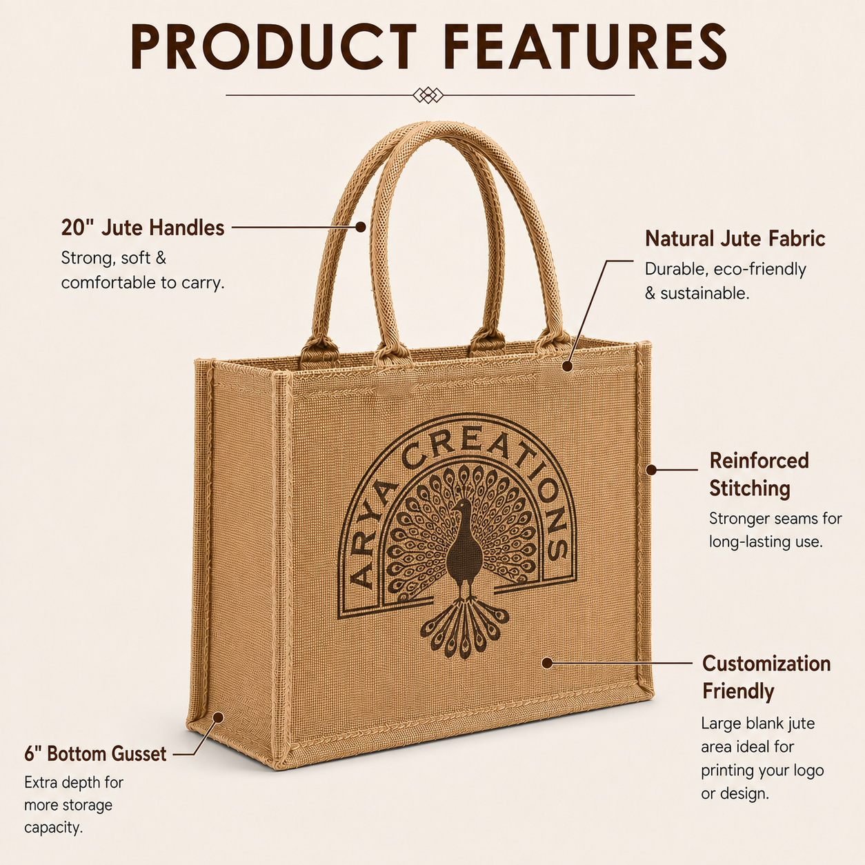 Custom 18×14×6 Natural Jute Tote Bag | 350 GSM