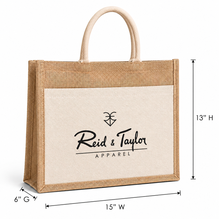 Custom 15x13x6 Jute Tote Bags with Canvas Front Pocket | 350 GSM