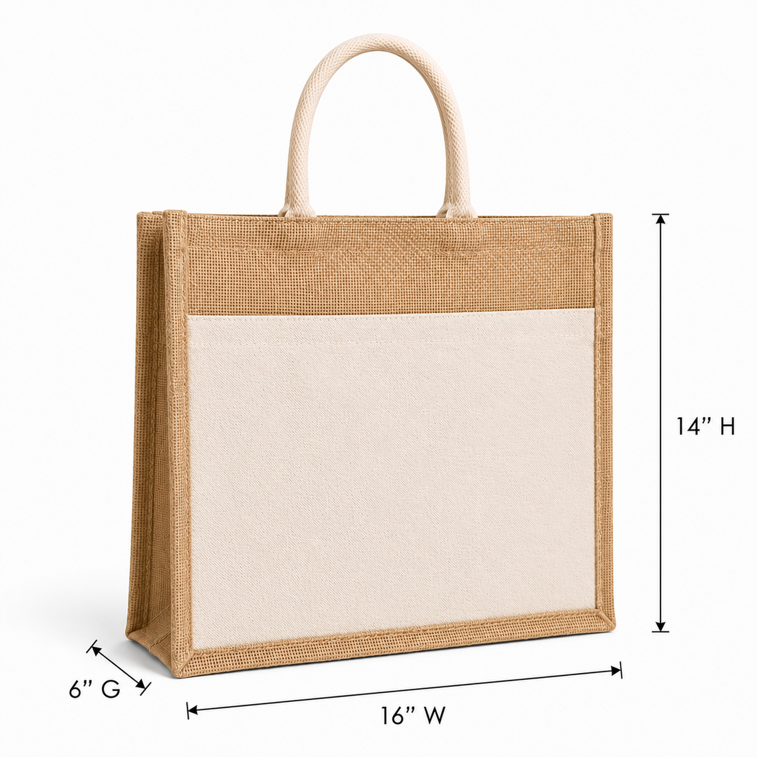 16x14x6 Jute Tote Bags with Canvas Front Pocket |350 GSM
