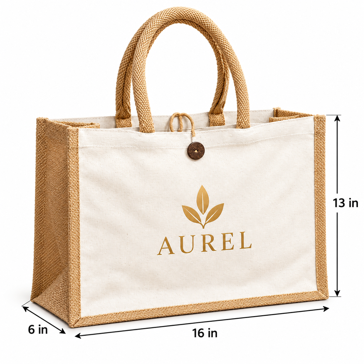 16x13x6 Natural Laminated Jute & Canvas Hamper Bag with Button Closure