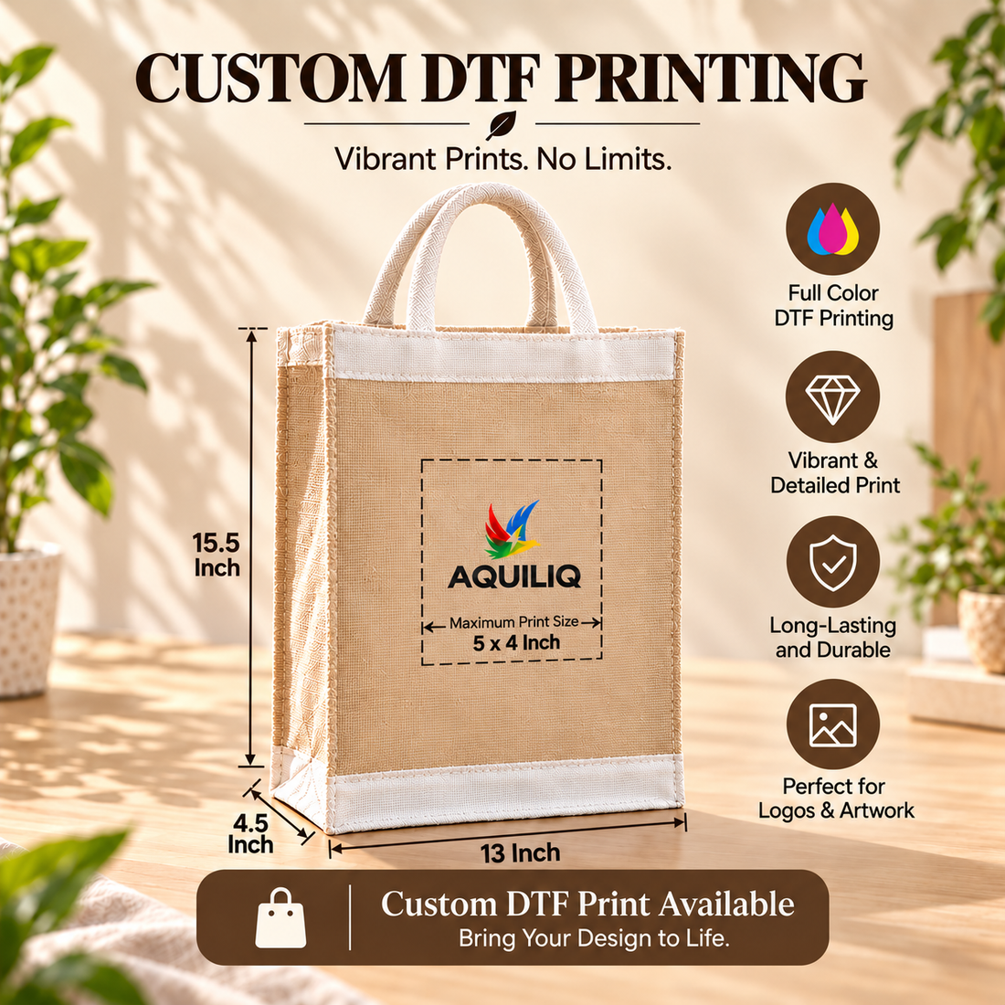 13x15.5x4.5 Natural Tall Juco & Canvas Tote Bag with Rope Handles