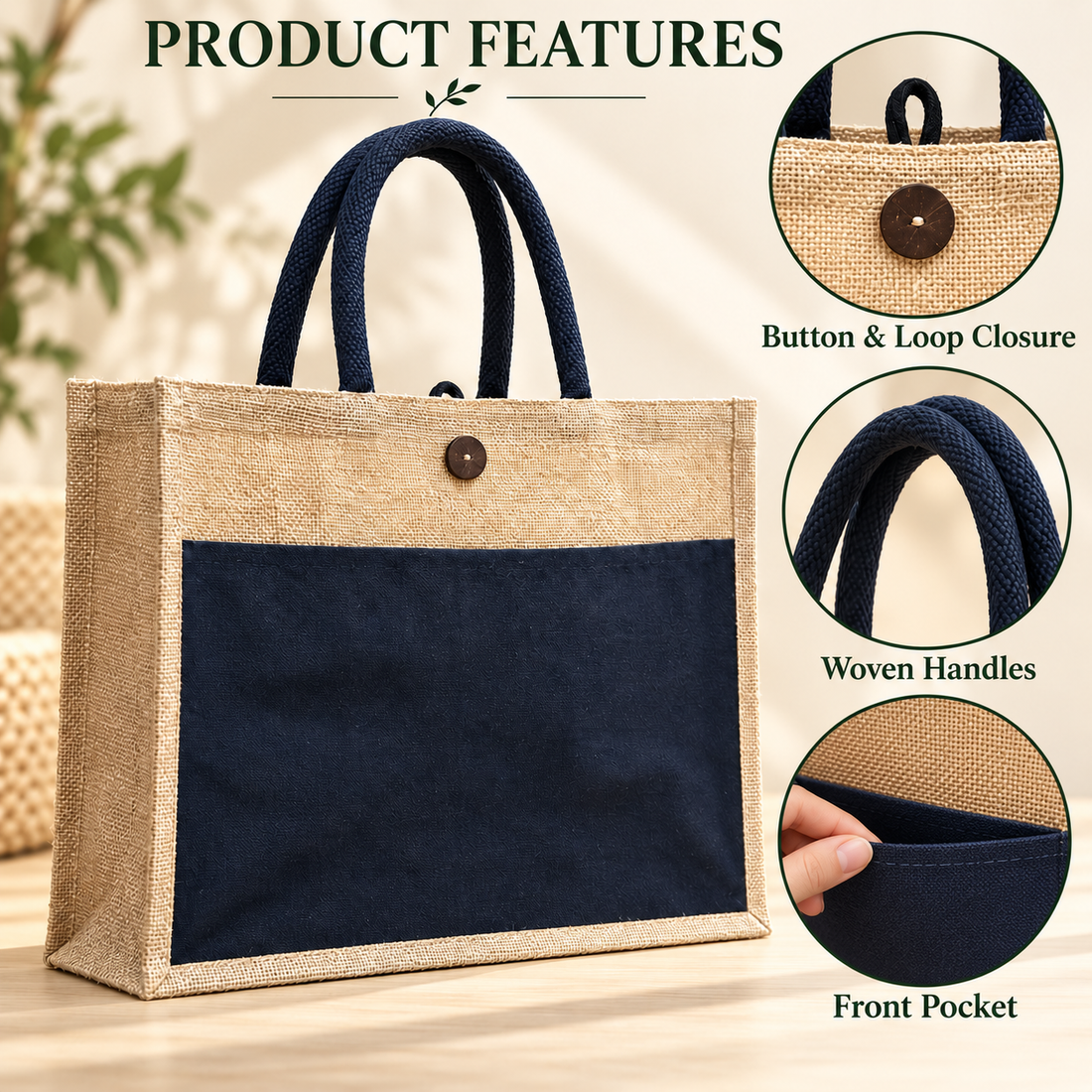 Plain 16x13x6 Black & Natural Laminated Jute Hamper Bag with Canvas Front Pocket