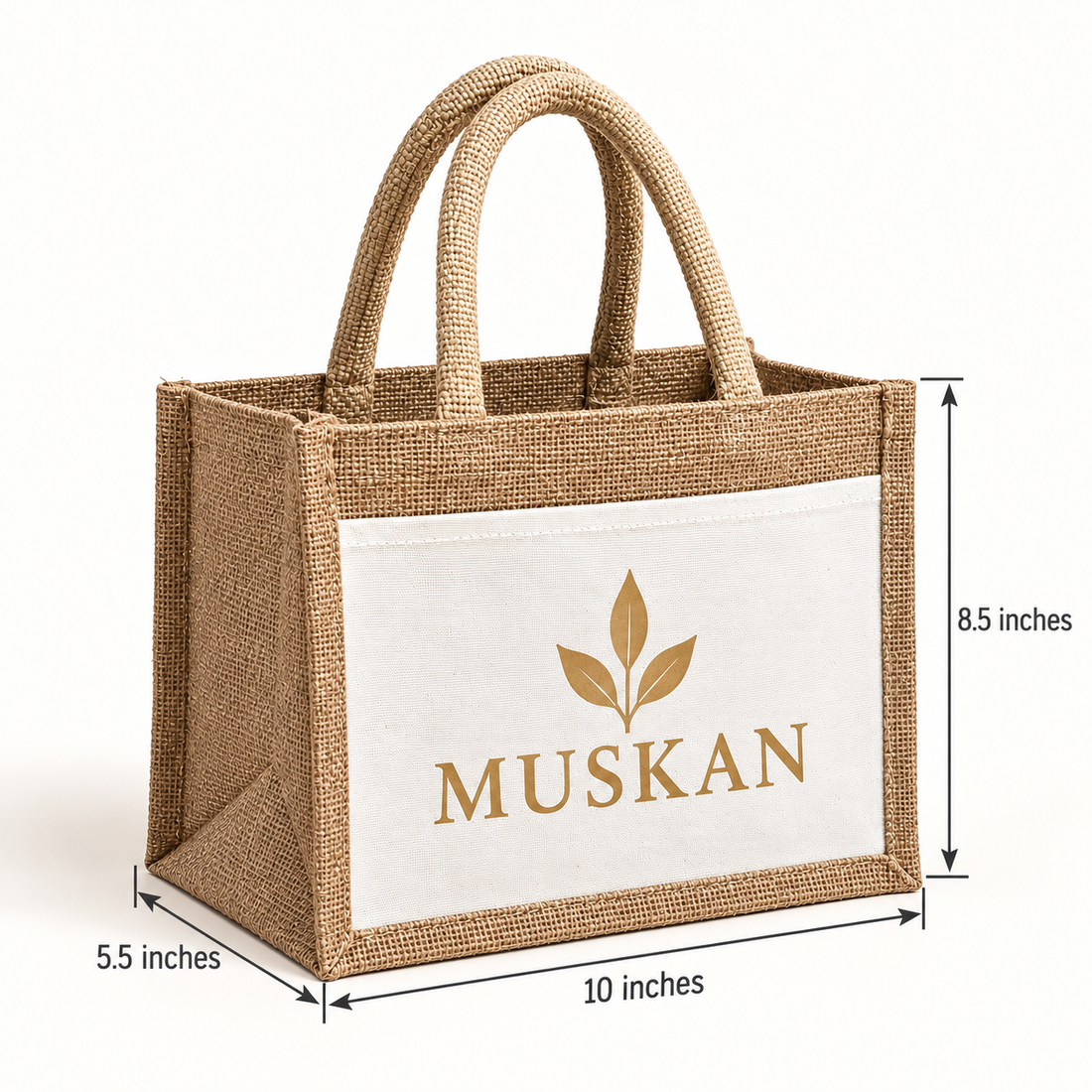 10x8.5x5.5 Natural Small Jute & Canvas Hamper Bag with Canvas Front Pocket