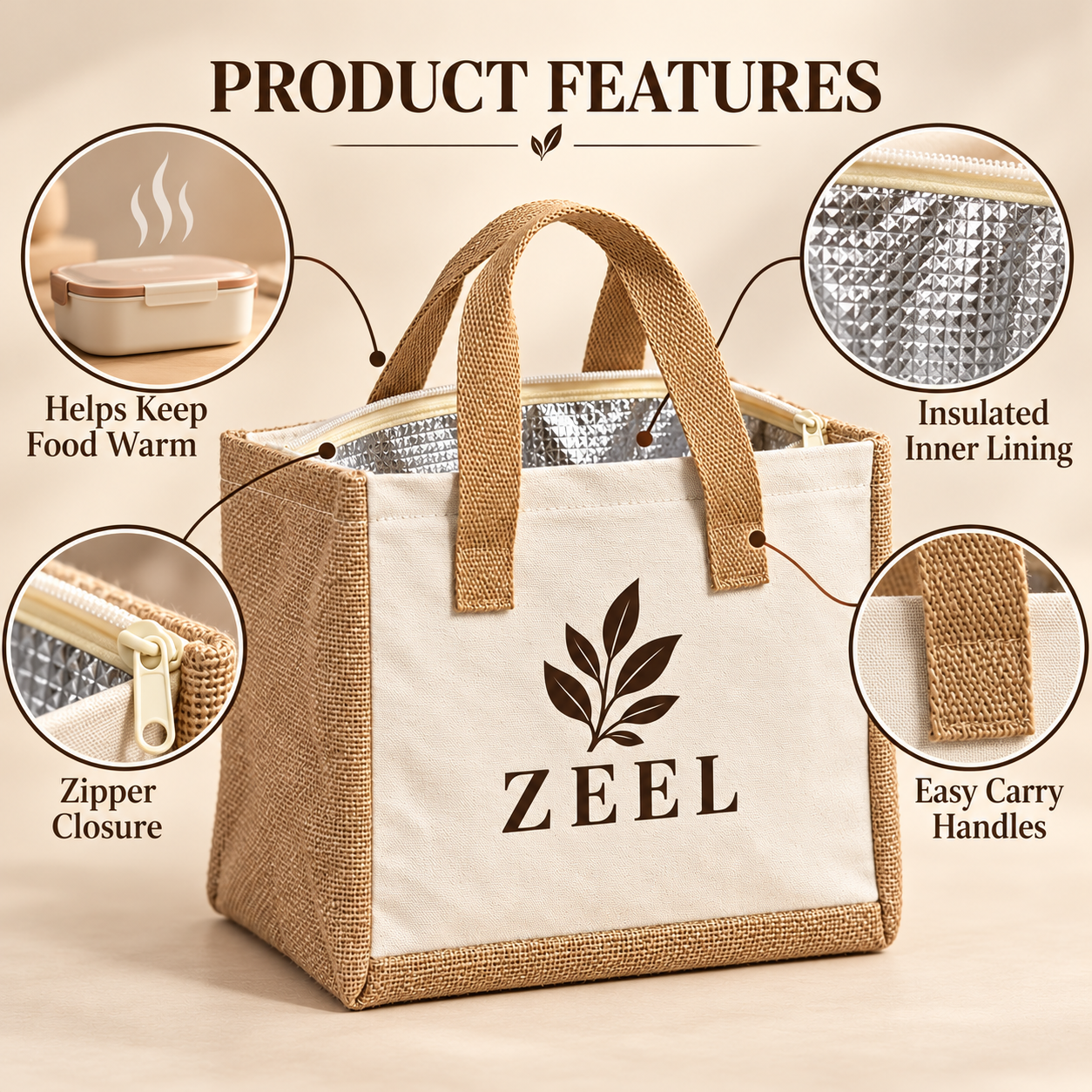 10x8.5x7 Natural Jute & Canvas Insulated Lunch Bag | 310 GSM
