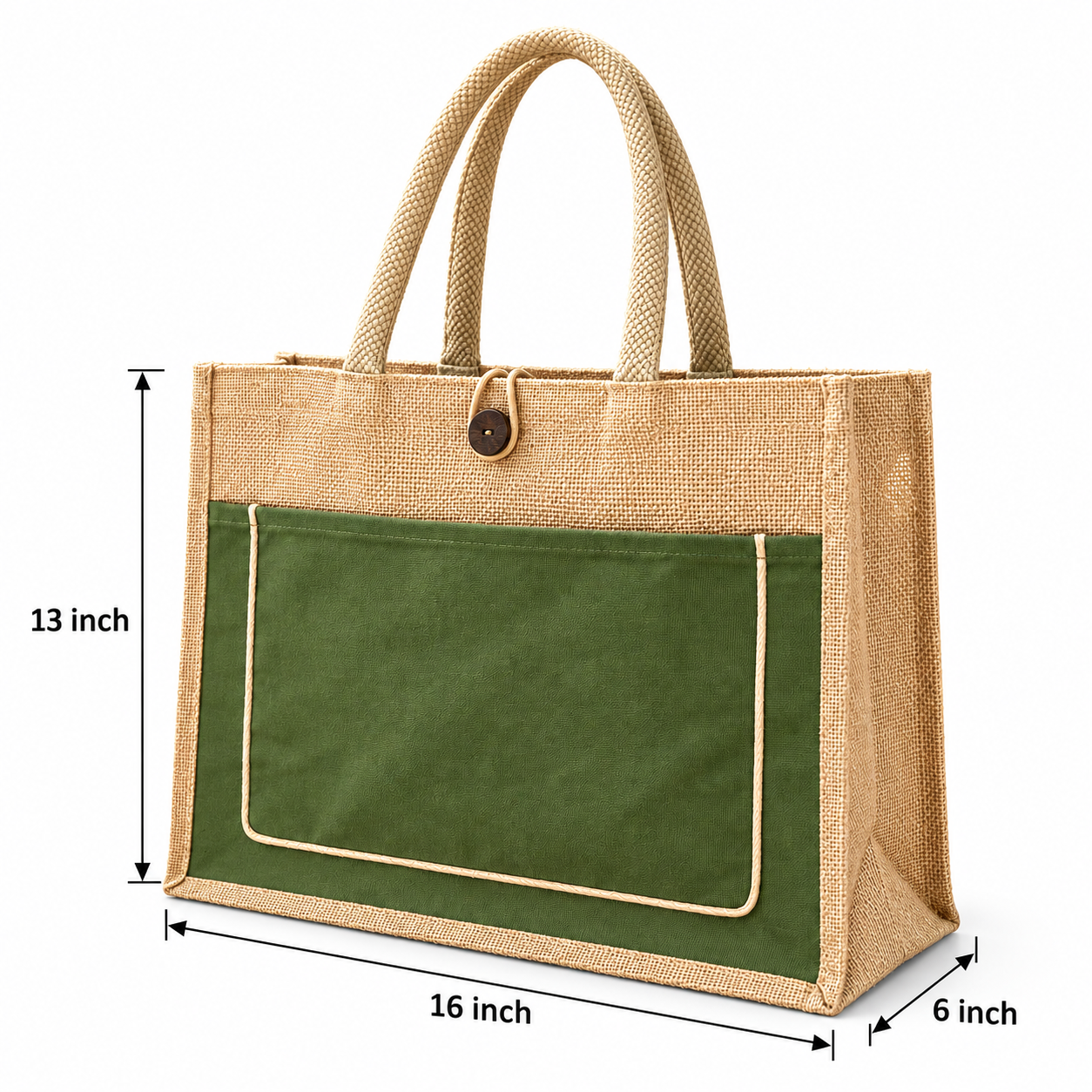 Plain 16x13x6 Olive & Natural Cotton-Jute Tote Bag with Front Pocket