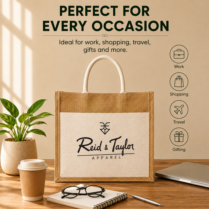 Custom 15x13x6 Jute Tote Bags with Canvas Front Pocket | 350 GSM
