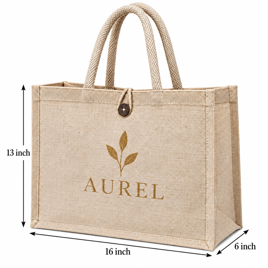 16x13x6 Natural Laminated Juco Shopping Bag with Button Closure