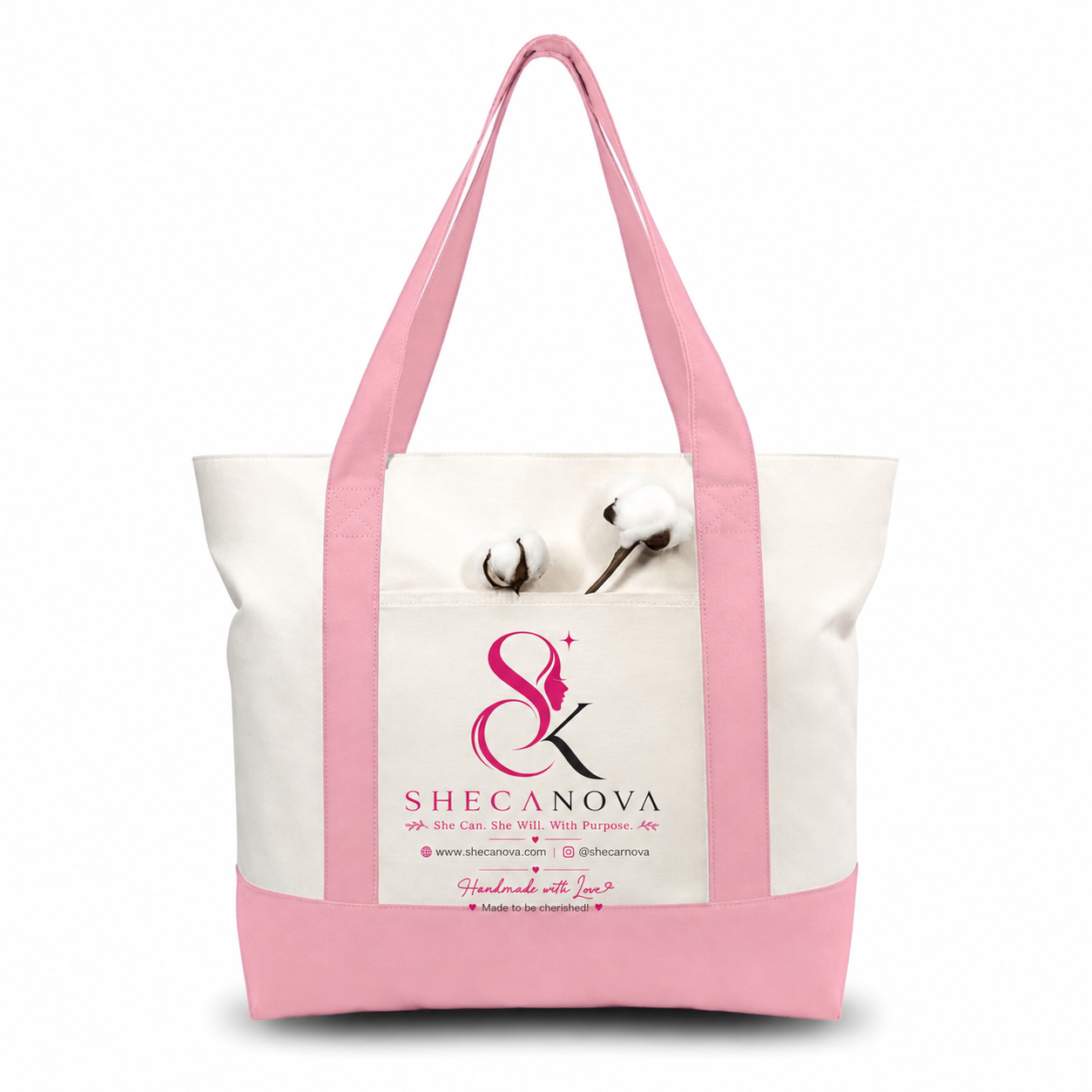 Pink and Beige Large Canvas Tote Bag | 19" x 15" x 6"