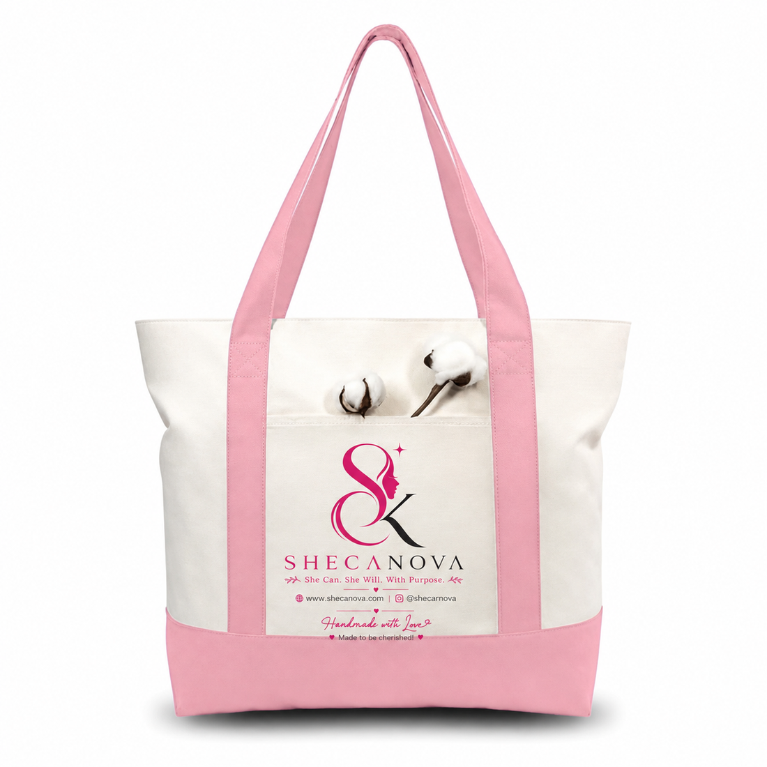 Pink and Beige Large Canvas Tote Bag | 19" x 15" x 6"