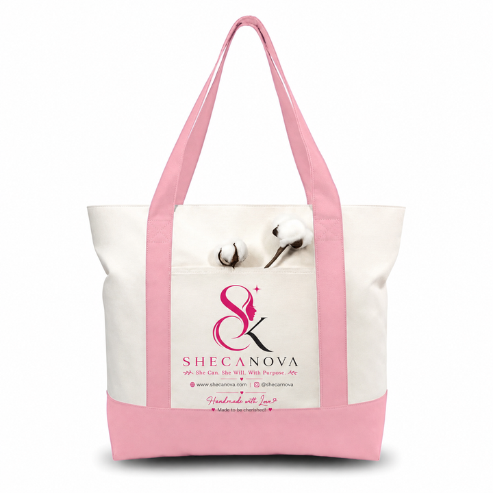 Pink and Beige Large Canvas Tote Bag | 19" x 15" x 6"