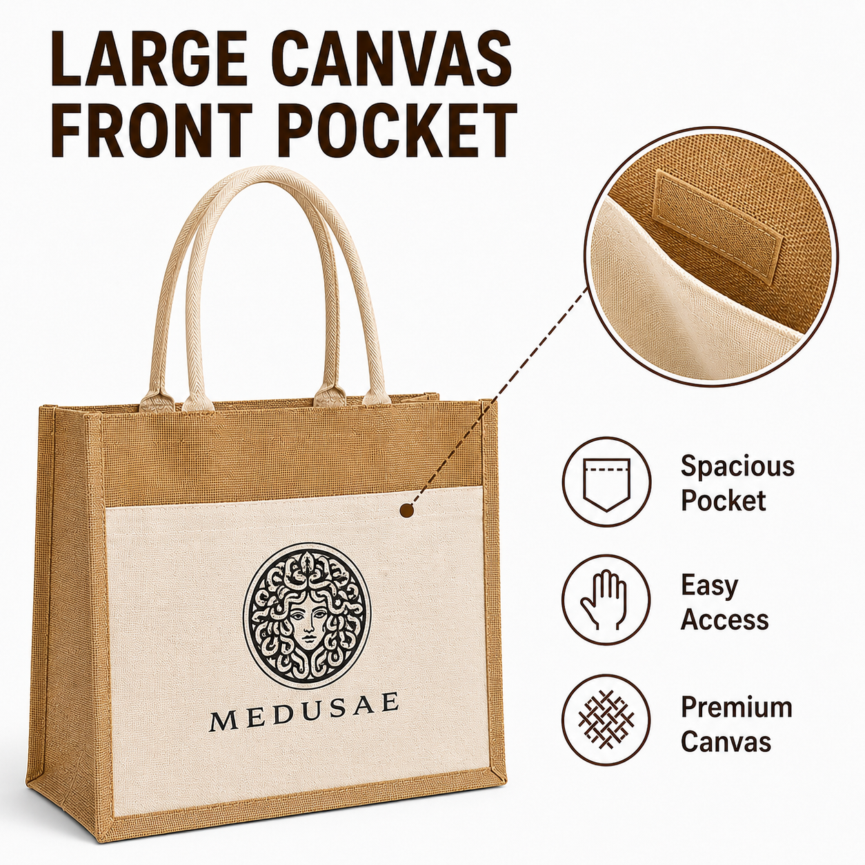 Custom 18X14X6 Jute Tote Bags with Canvas Front Pocket | 350 GSM
