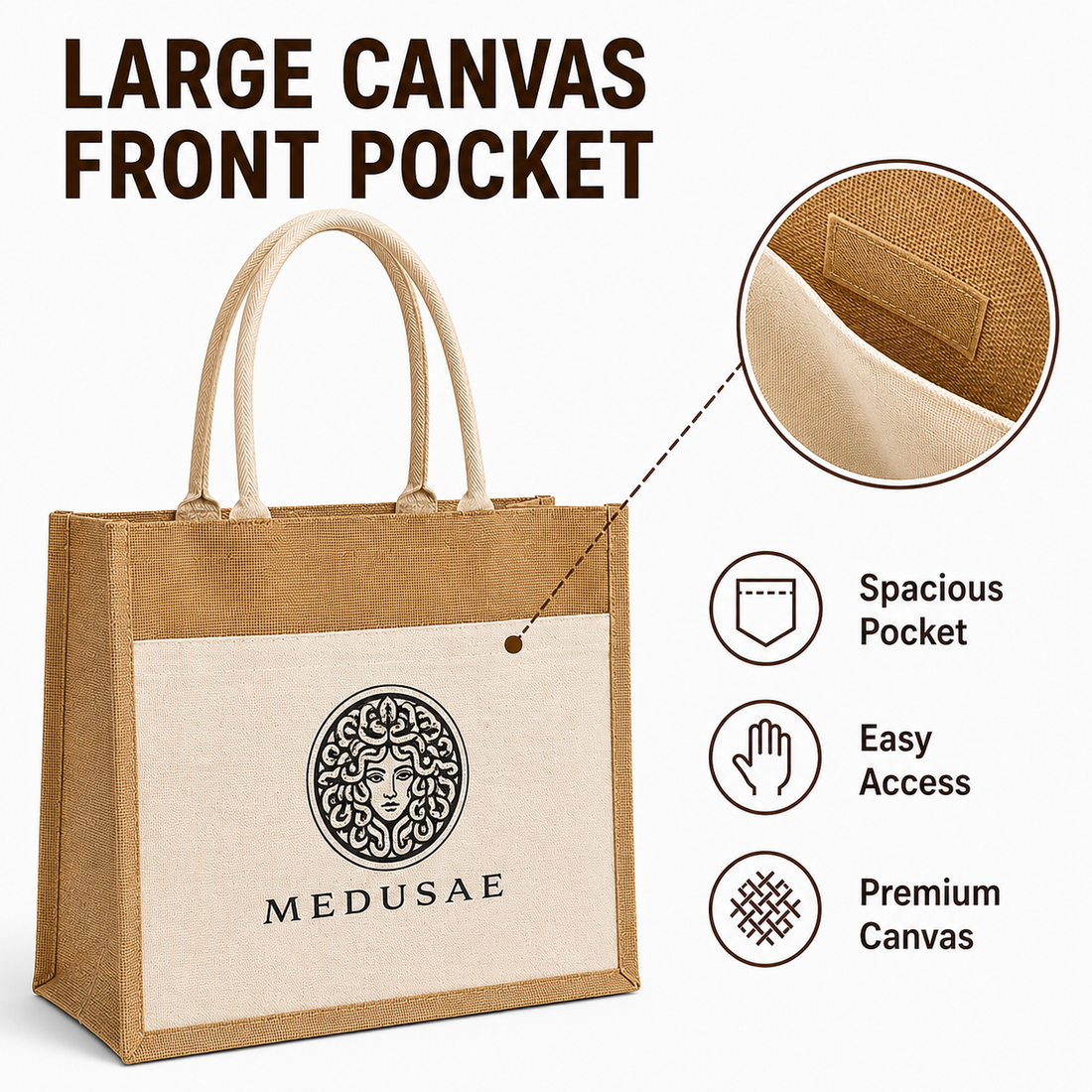Custom 18X14X6 Jute Tote Bags with Canvas Front Pocket | 350 GSM