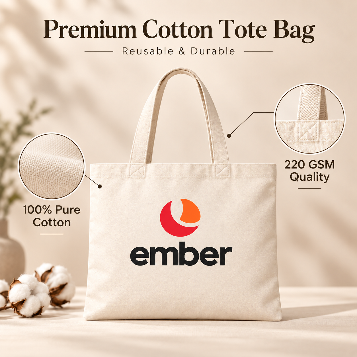 16x14 Inch Cotton Tote Bag | 220 GSM