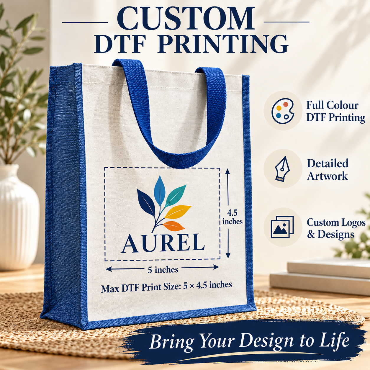 12x15.5x5.5 Blue Laminated Jute & Canvas Tote Bag
