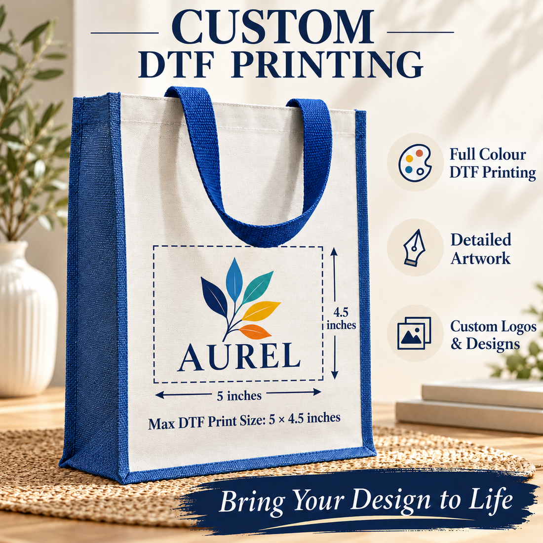12x15.5x5.5 Blue Laminated Jute & Canvas Tote Bag