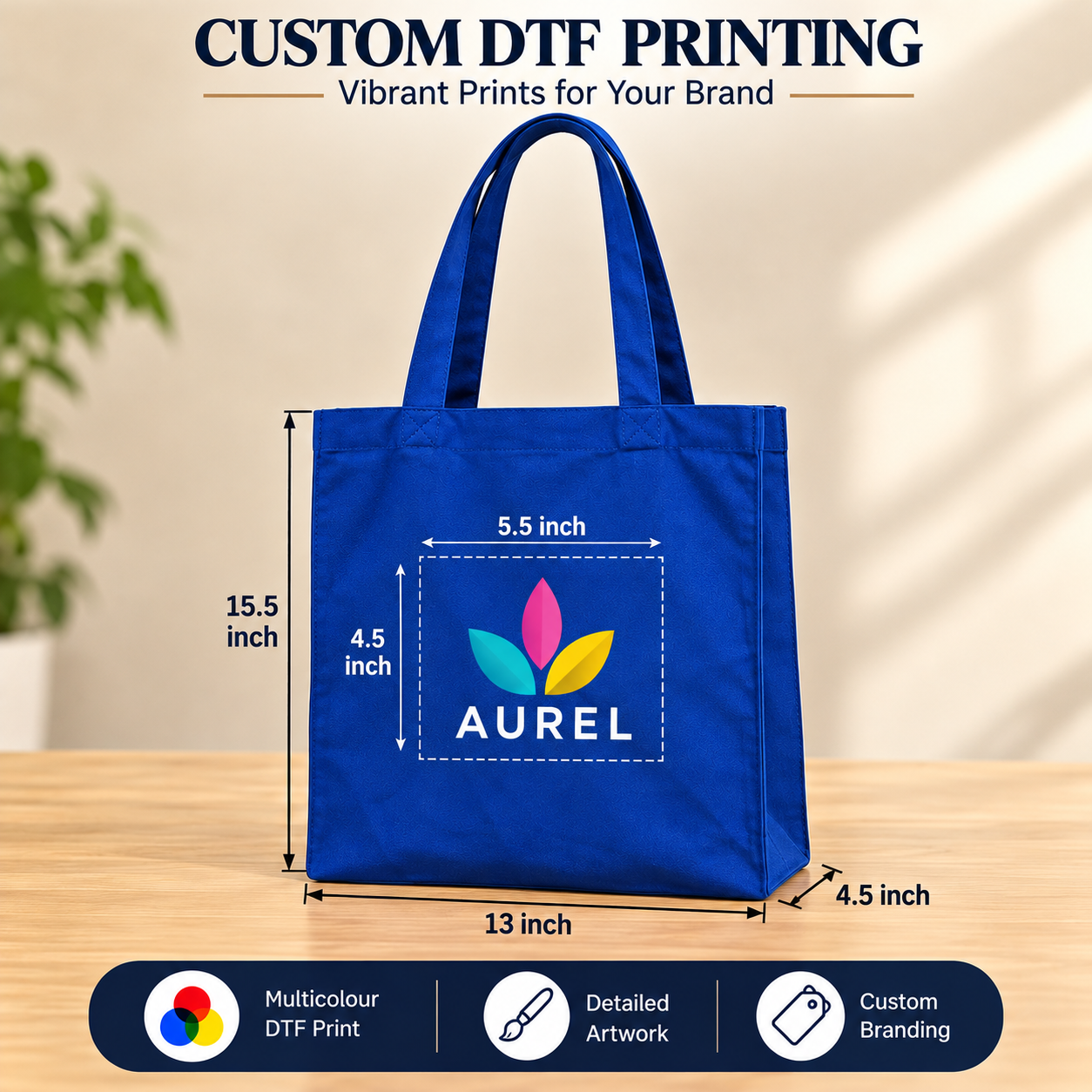 13x15.5x4.5 Navy Blue Gusseted Cotton Tote Bag | 150 GSM