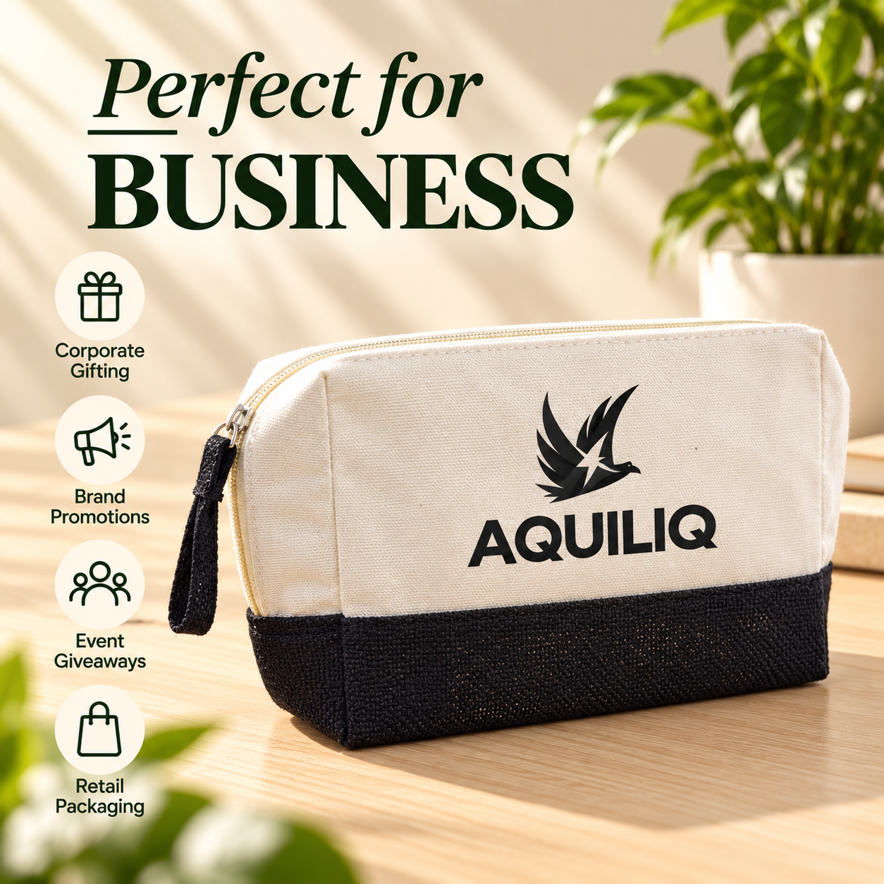 8x5x3 Black & Natural Cotton Canvas Zipper Pouch | 220 GSM