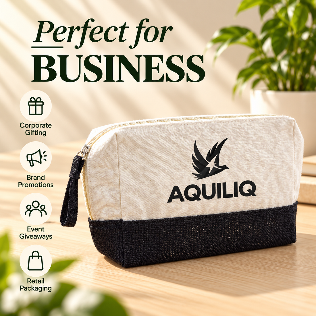 8x5x3 Black & Natural Cotton Canvas Zipper Pouch | 220 GSM