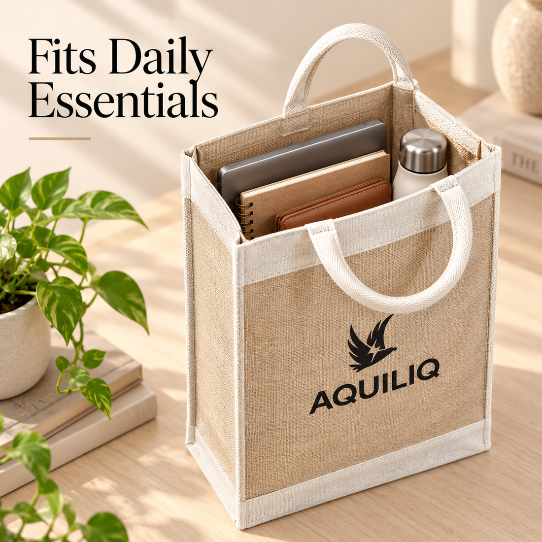 13x15.5x4.5 Natural Tall Juco & Canvas Tote Bag with Rope Handles