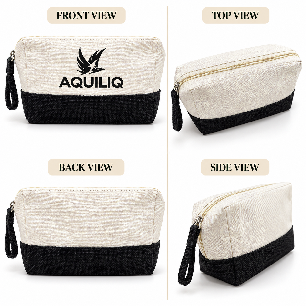 8x5x3 Black & Natural Cotton Canvas Zipper Pouch | 220 GSM