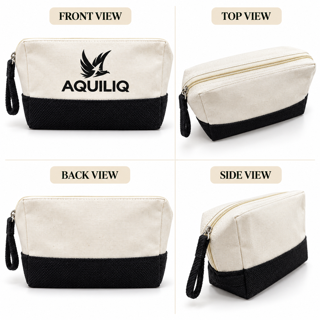 8x5x3 Black & Natural Cotton Canvas Zipper Pouch | 220 GSM