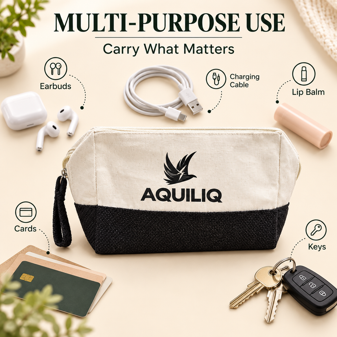 8x5x3 Black & Natural Cotton Canvas Zipper Pouch | 220 GSM