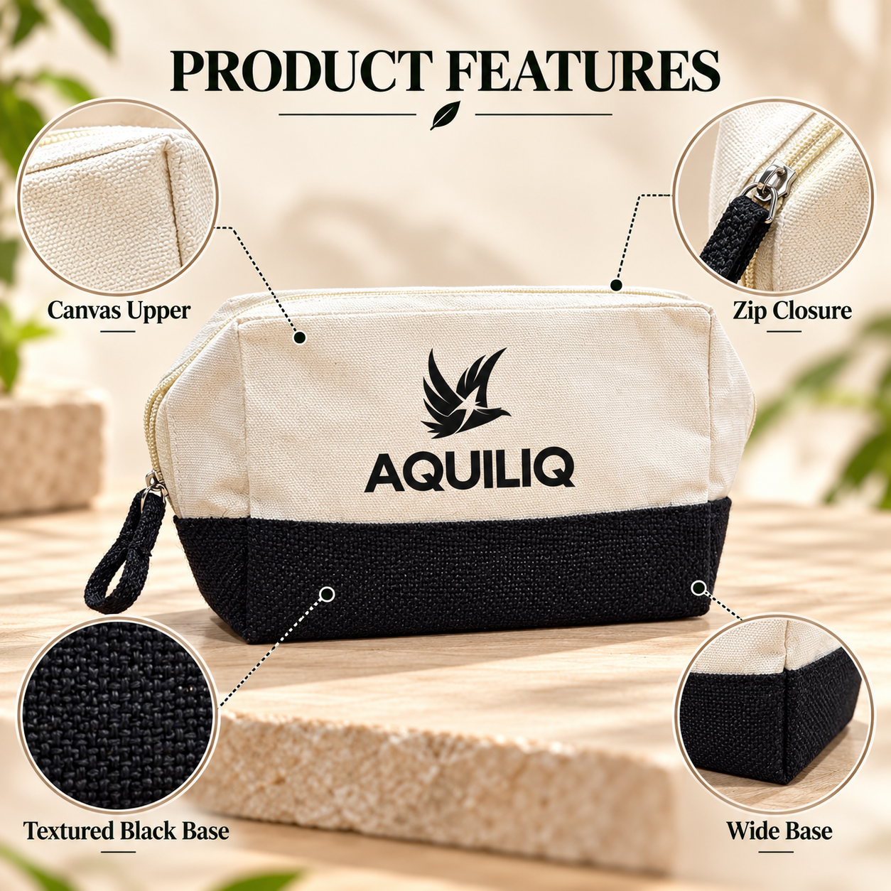 8x5x3 Black & Natural Cotton Canvas Zipper Pouch | 220 GSM