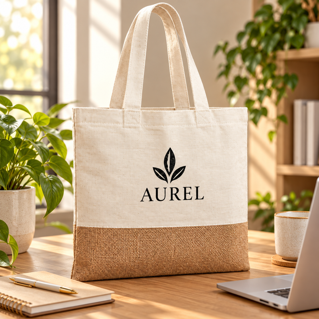 14.5x16.5 Natural Jute & Cotton Two-Tone Tote Bag