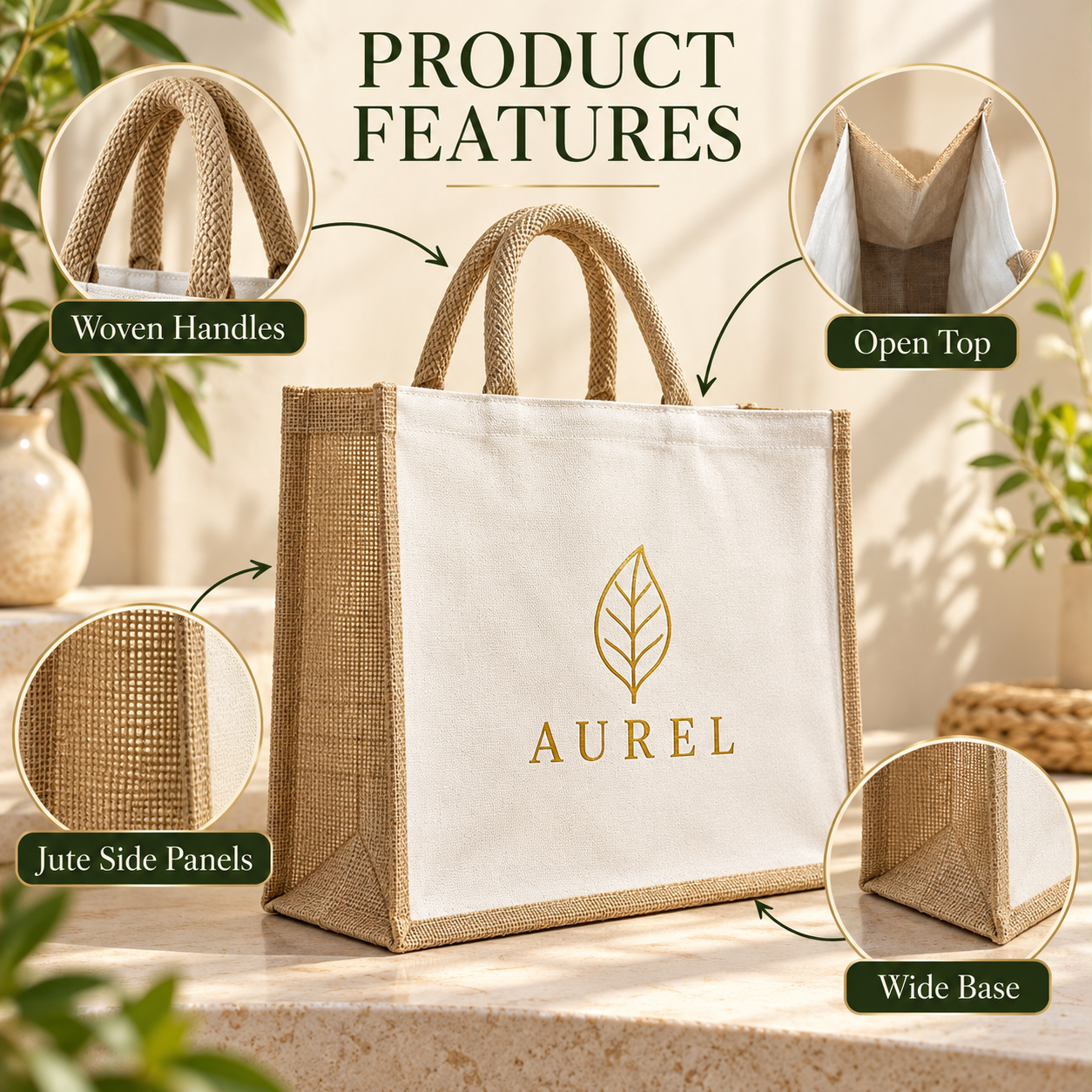 16x13x6 Natural Laminated Jute & Canvas Hamper Bag