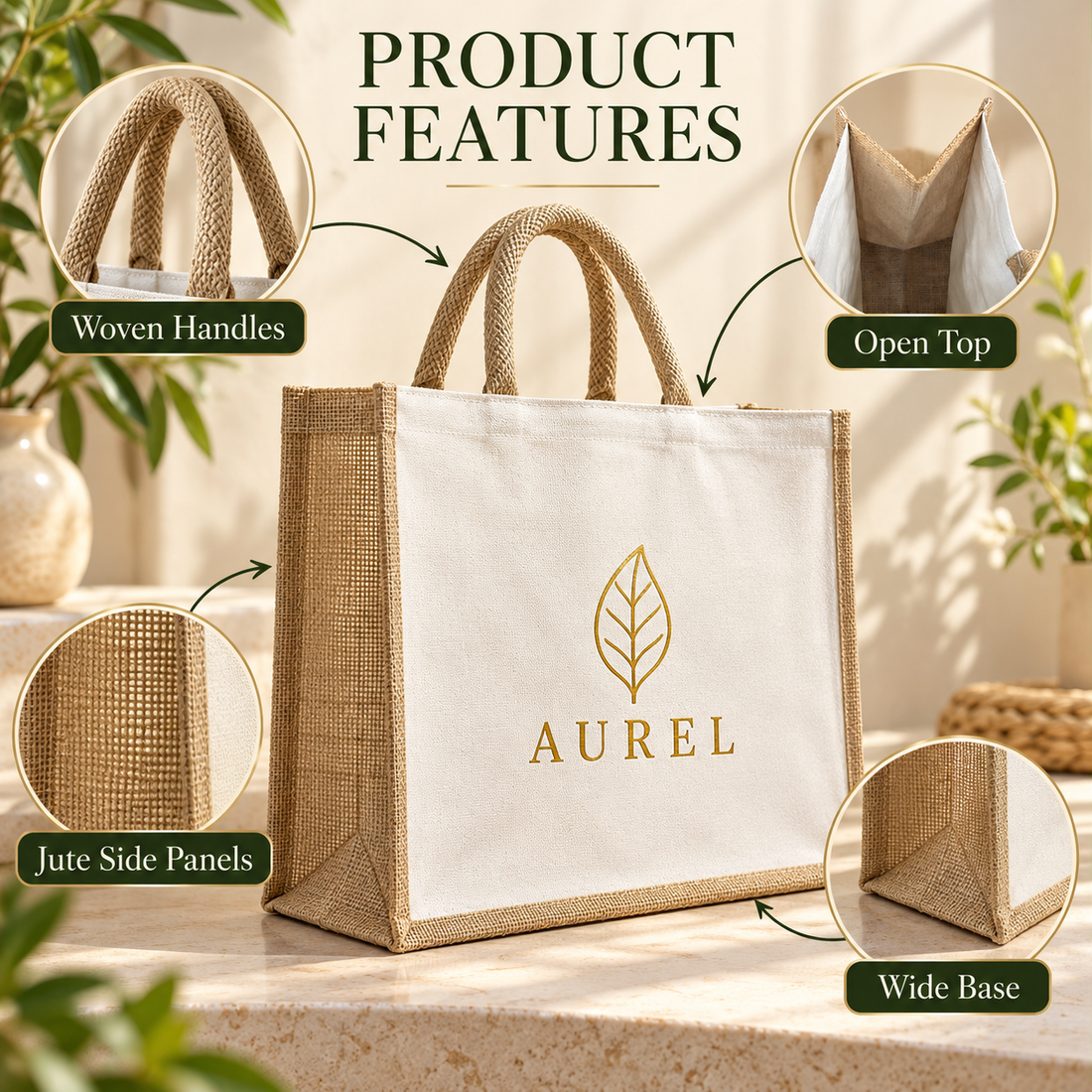 16x13x6 Natural Laminated Jute & Canvas Hamper Bag